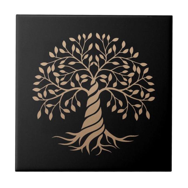 Gold Tree of Life Black Background Graphic Art Ceramic Tile (Front)