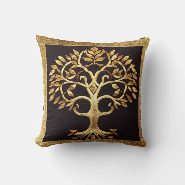 Gold Tree of Life by kedoki Ancient Rustic Cushion (Front)