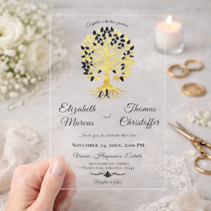 Gold Tree of Life Elegant Black Wedding Theme Acrylic Invitations