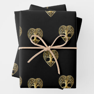 Gold tree of life heart black pattern wrapping paper sheet