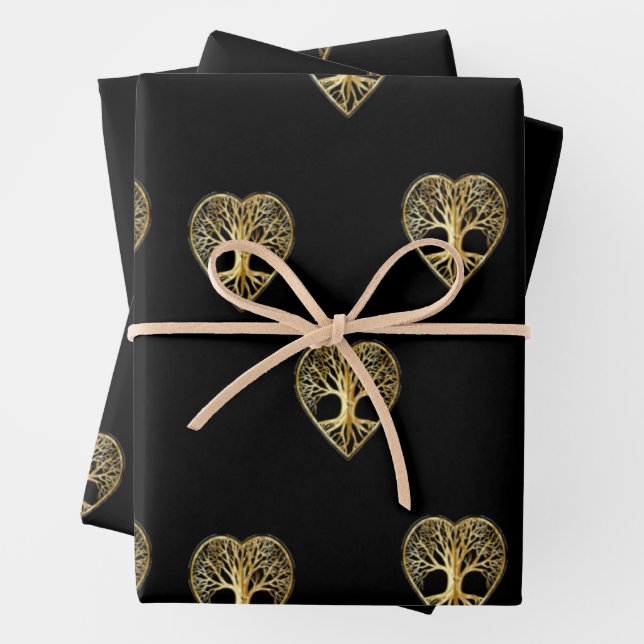 Gold tree of life heart black pattern wrapping paper sheet (In situ)