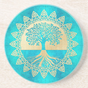Gold Tree Of Life on Turquoise Coaster