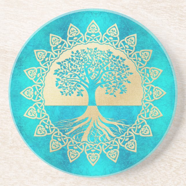 Gold Tree Of Life on Turquoise  Coaster (Front)