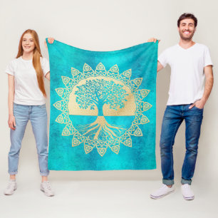Gold Tree Of Life on Turquoise  Fleece Blanket