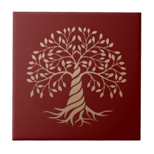 Gold Tree of Life Red Background Graphic Art Ceramic Tile