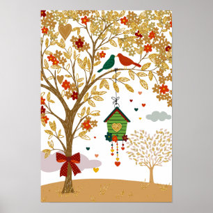 Gold Tree of Love Bird Couple Kissing Poster