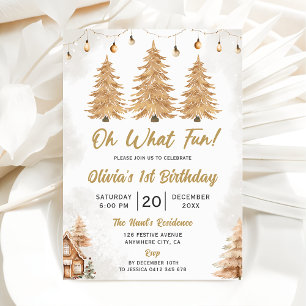 Gold Tree Oh What Fun Christmas Birthday Party Invitation