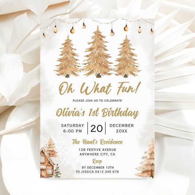Gold Tree Oh What Fun Christmas Birthday Party Invitation (Creator Uploaded)
