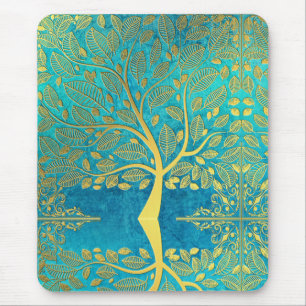 Gold tree reflection on Blue Peacock Mouse Pad