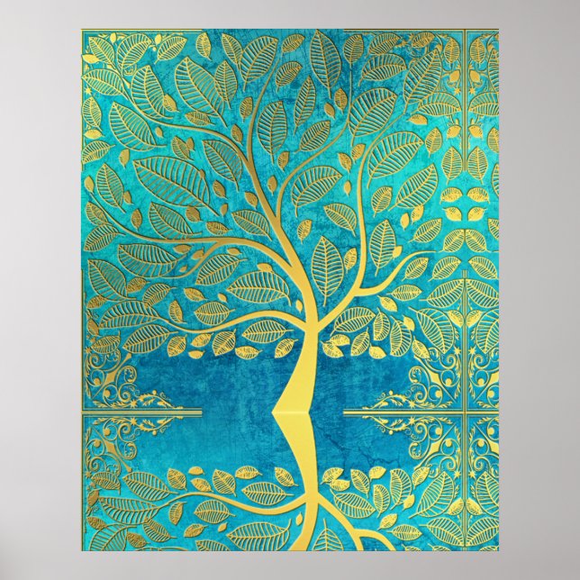 Gold tree reflection on Blue Peacock  Poster (Front)