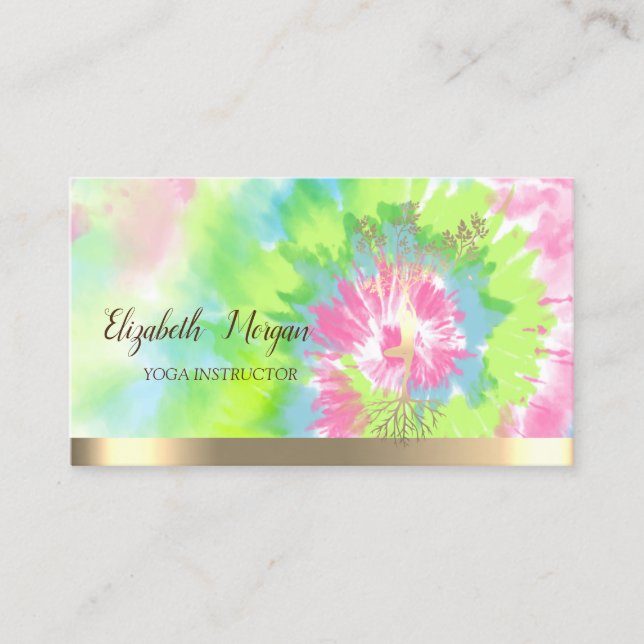 Gold Tree Silhouette,Yoga Colourful Tie Dye Business Card (Front)