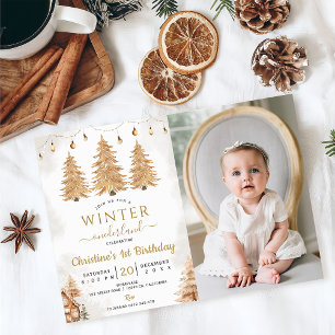 Gold Tree Winter Onederland Christmas Birthday  Invitation