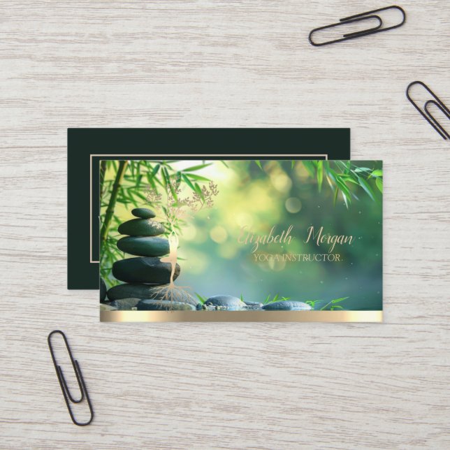 Gold Tree Woman Silhouette,Zen Stones Green Business Card (Front/Back In Situ)