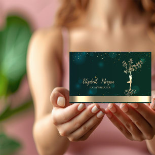 Gold Tree Women Silhouette Yoga Instructor Green Business Card