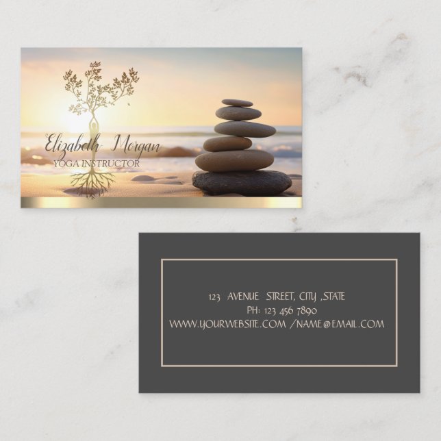 Gold Tree Women Silhouette,Zen Stones Sunrise Business Card (Front/Back)