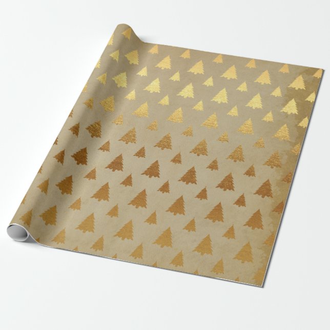 Gold Trees Christmas Wrapping Paper (Unrolled)
