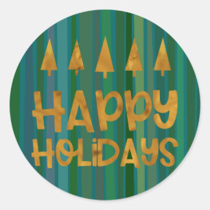 Gold Trees Happy Holidays w/ Photo & Green Stripes Classic Round Sticker