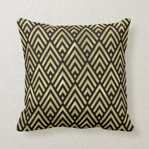 Gold Triangles Black Art Deco Geometry Diamons Cushion