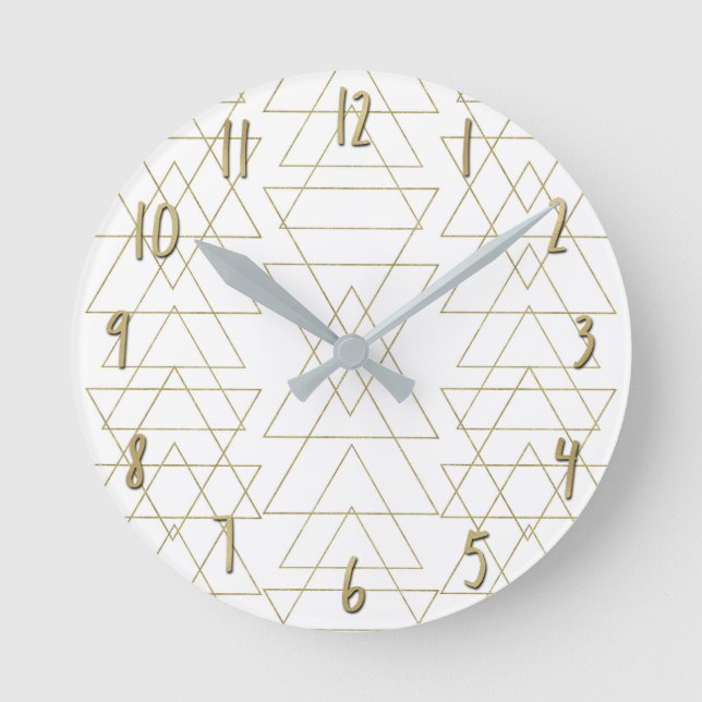 Gold Triangles Chic White Modern Glamour Round Clock (Front)
