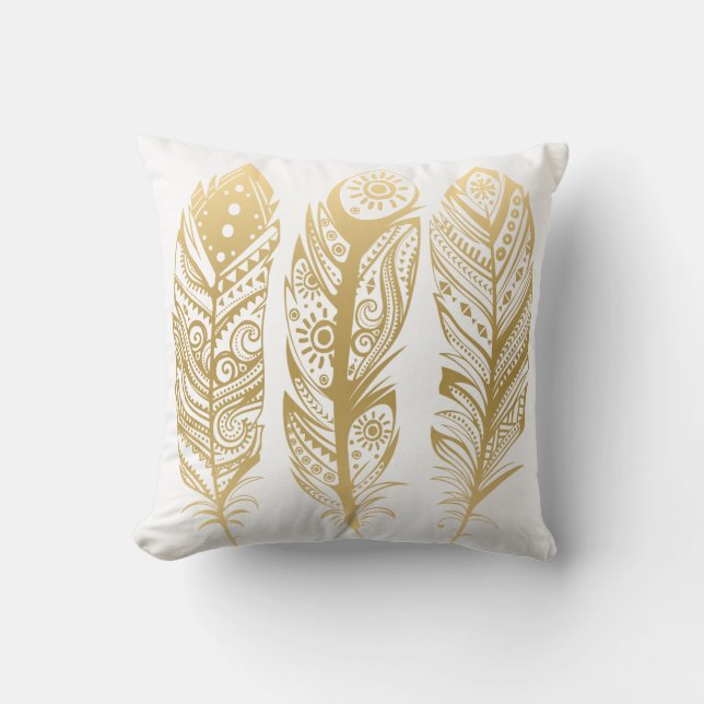 Gold Tribal Feather On White & Black Background Cushion (Front)
