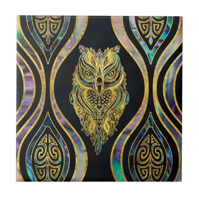 Gold Tribal Owl on Boho Abalone Pattern Ceramic Tile (Front)