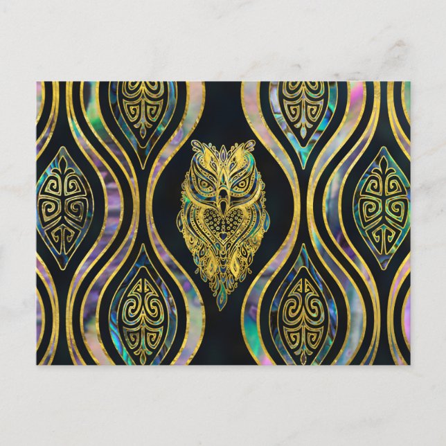 Gold Tribal Owl on Boho Abalone Pattern Postcard (Front)