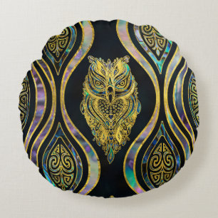 Gold Tribal Owl on Boho Abalone Pattern Round Cushion