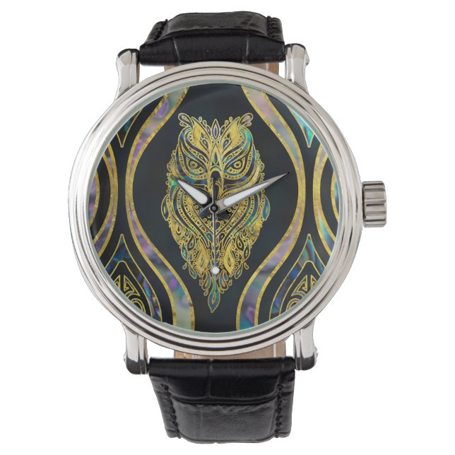 Gold Tribal Owl on Boho Abalone Pattern Watch (Front)