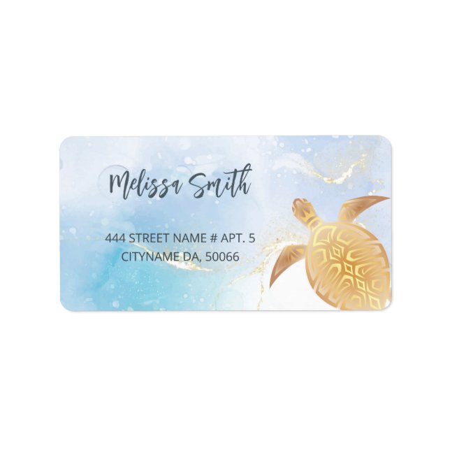 Gold Tribal Turtle Blue Business Card Label (Front)