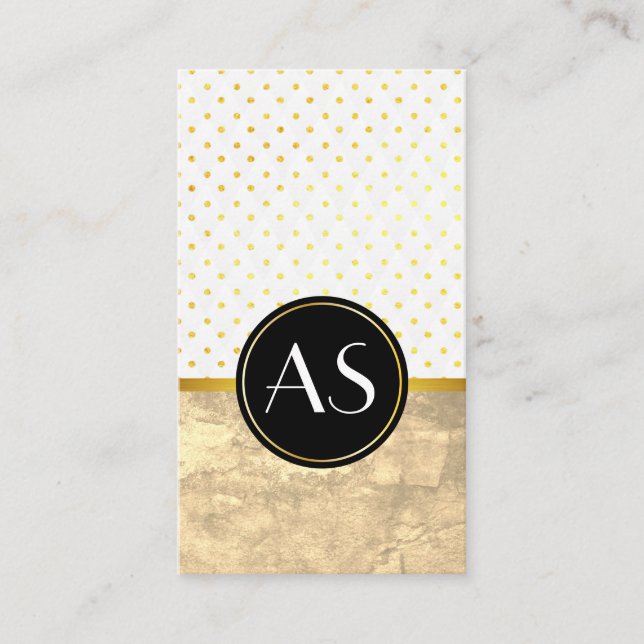 Gold Trim and Polka Dots / Classic Monogram Business Card (Front)