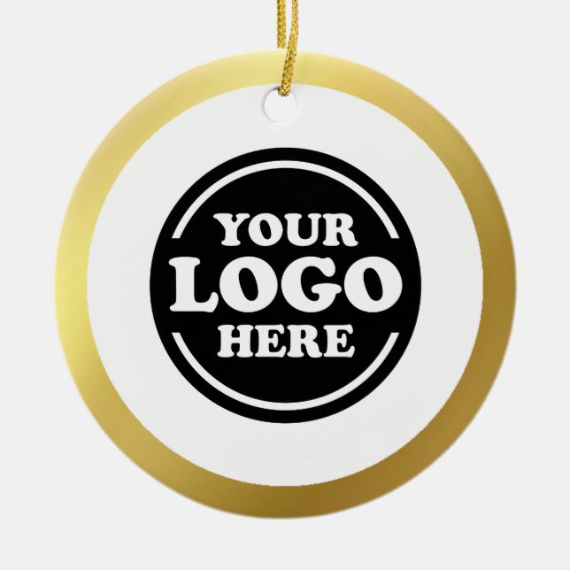 Gold Trim Business Logo Christmas Ceramic Ornament (Front)