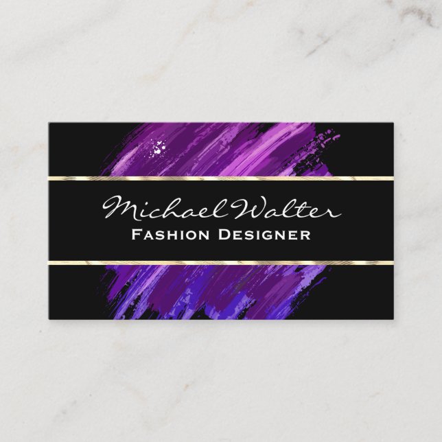 Gold Trim | Purple Brush Stroke Business Card (Front)