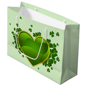 Gold-Trimmed Green Heart with Shamrocks Large Gift Bag