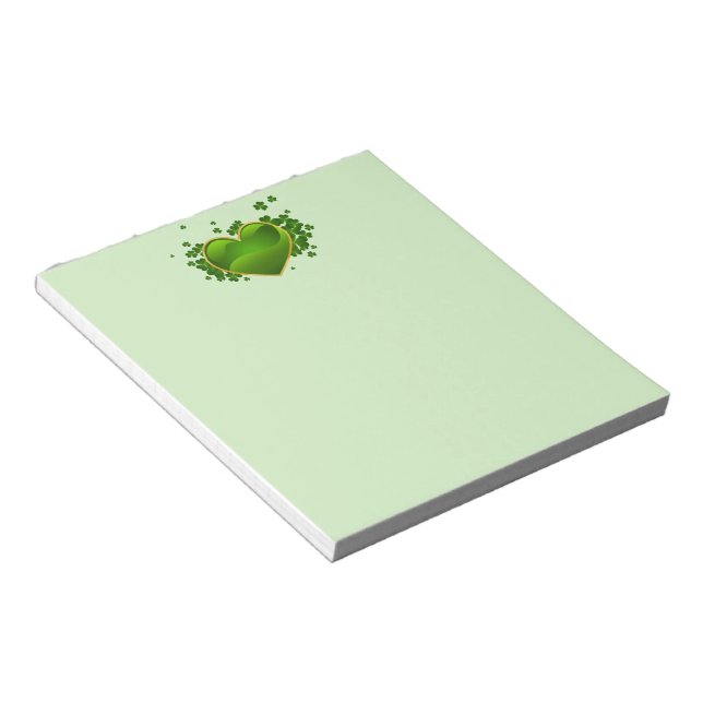 Gold-Trimmed Green Heart with Shamrocks Notepad (Angled)