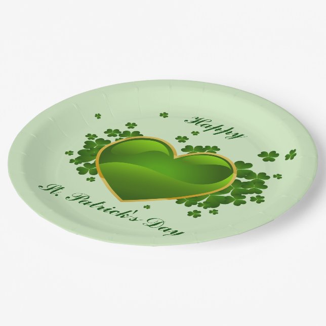 Gold-Trimmed Green Heart with Shamrocks Paper Plate (Angled)