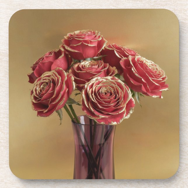 Gold Trimmed Red Roses Coaster Set (Front)