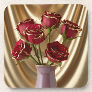 Gold Trimmed Red Roses Coaster Set