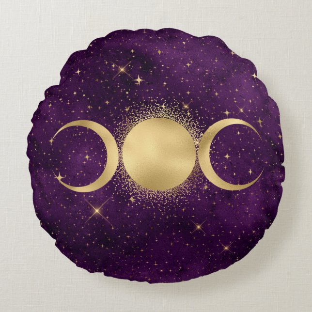 Gold Triple Moon Celestial Stars Purple Round Cushion (Front)
