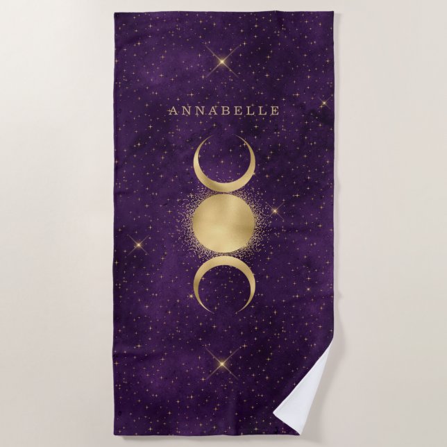 Gold Triple Moon Purple Celestial Personalised Beach Towel (Front)
