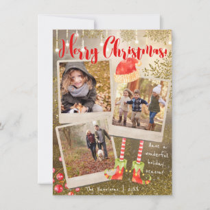 Gold Triple Photo Collage Christmas Holiday Card