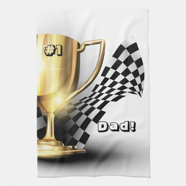 Gold Trophy NUmber One Dad Father's Day Tea Towel (Vertical)