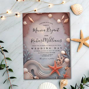 Gold Tropical Beach Rose Couple's Day Wedding Invitation