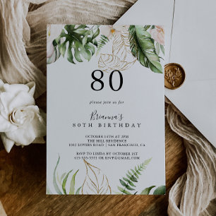 Gold Tropical Foliage Floral 80th Birthday Party  Invitation