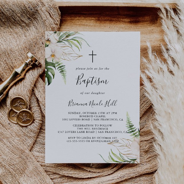 Gold Tropical Foliage Floral Baptism  Invitation (Creator Uploaded)