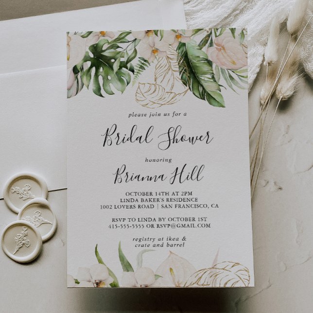 Gold Tropical Foliage Floral Bridal Shower Invitation (Creator Uploaded)