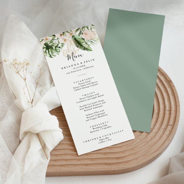 Gold Tropical Foliage Floral Dinner Menu (Creator Uploaded)