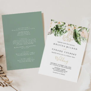 Gold Tropical Foliage Floral Front & Back Wedding  Invitation