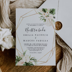 Gold Tropical Foliage Floral Nuestra Boda Wedding  Invitation