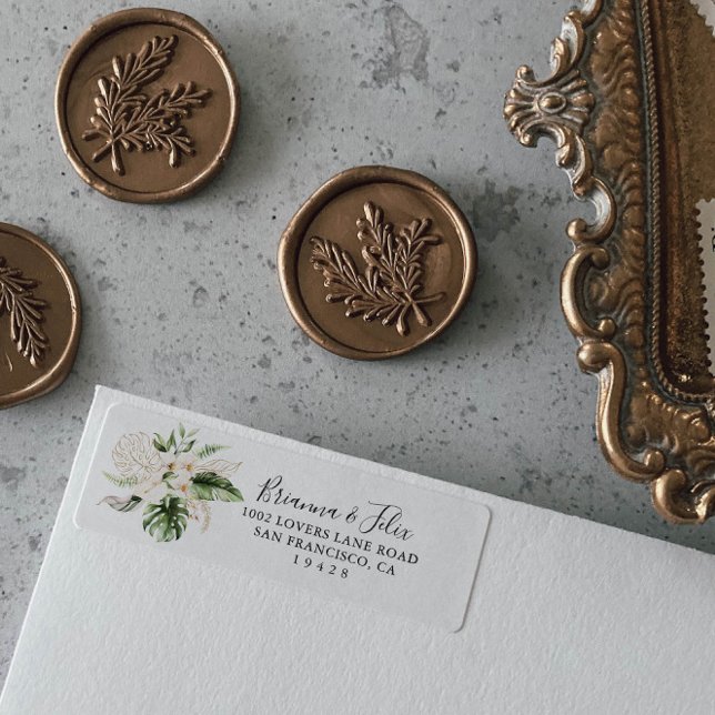 Gold Tropical Foliage Floral Return Address  Label (Creator Uploaded)
