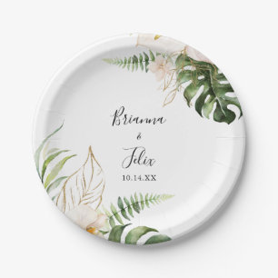 Gold Tropical Foliage Floral Wedding Cake  Paper Plate